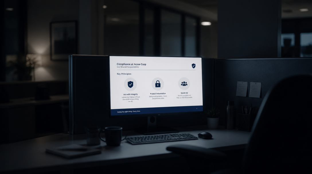 Traditional awareness training: a dim office with a compliance slide on screen