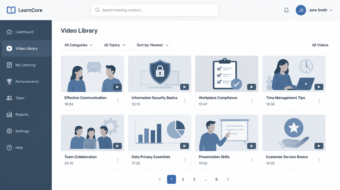 Generic corporate training video library interface